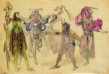 Fyra fékostymer för En midsommarnattsdröm, producerad av Robert Courtneidge på Princes Theatre, Manchester, 1896-1903